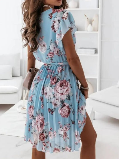 Floral Surplice Ruffled Cap Sleeve Dress