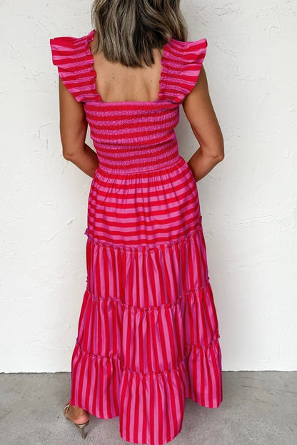 Stripe Flutter Sleeve Smocked Bodice Tiered Maxi Dress