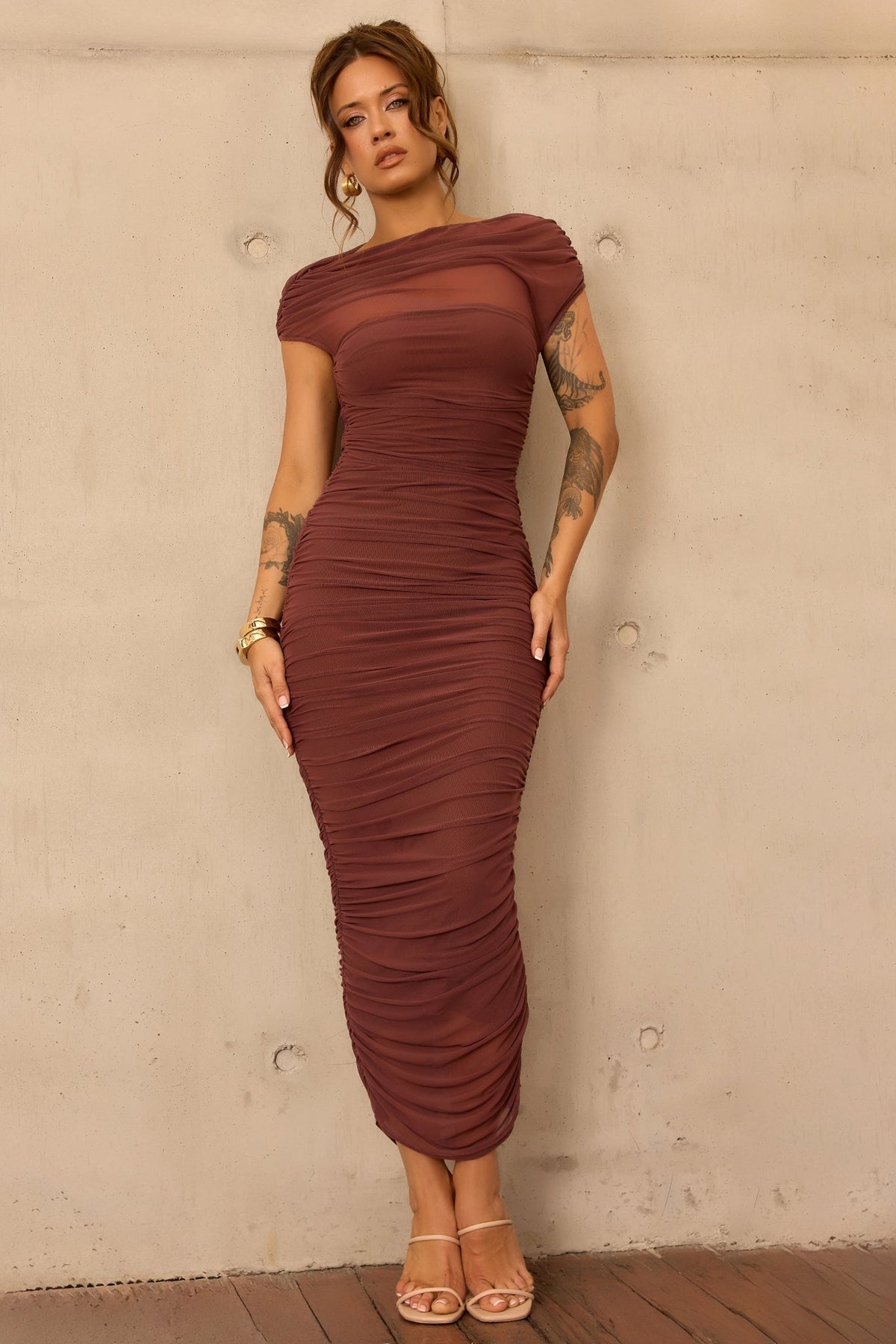 Elysian Mesh Midi Dress - Cocoa