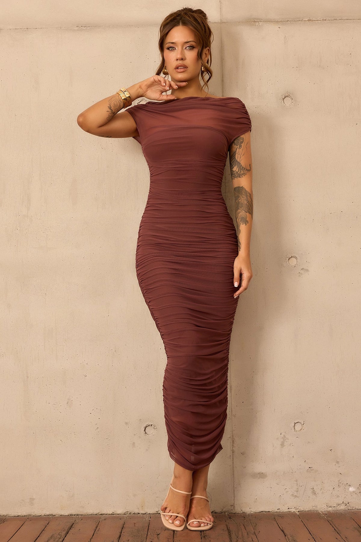Elysian Mesh Midi Dress - Cocoa