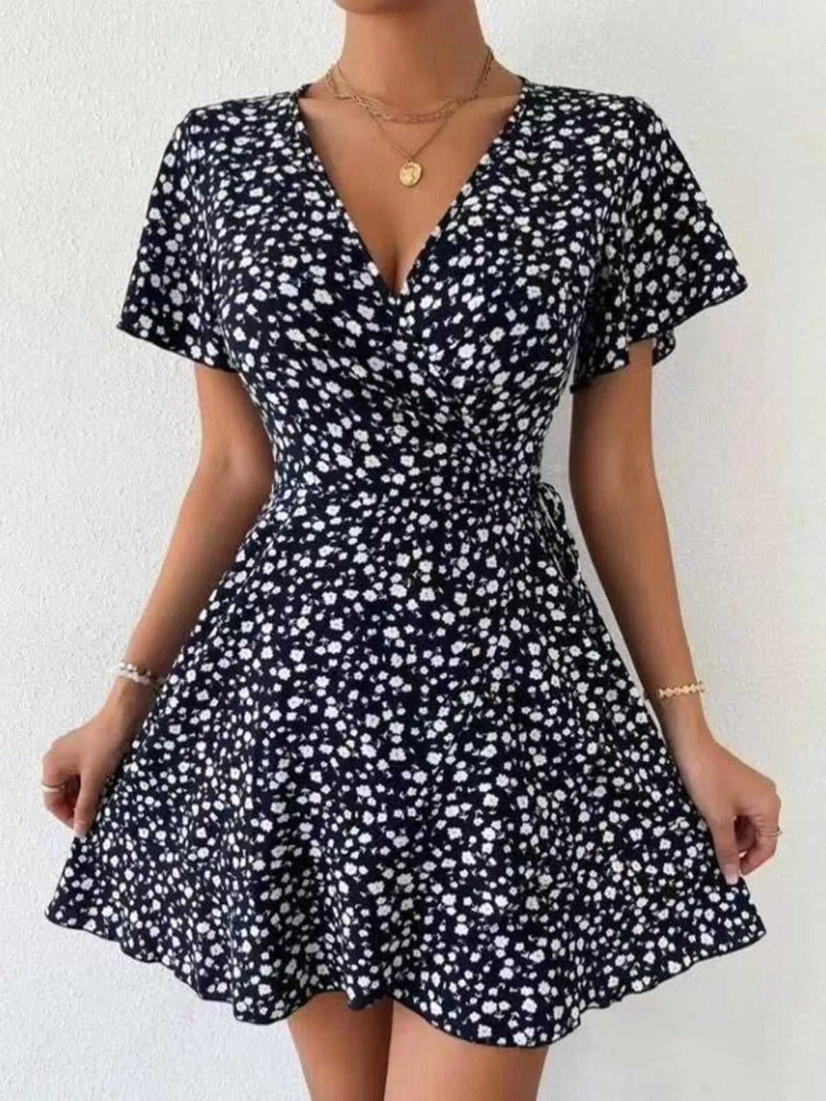 Floral Flutter Sleeve Wrap Mini Dress
