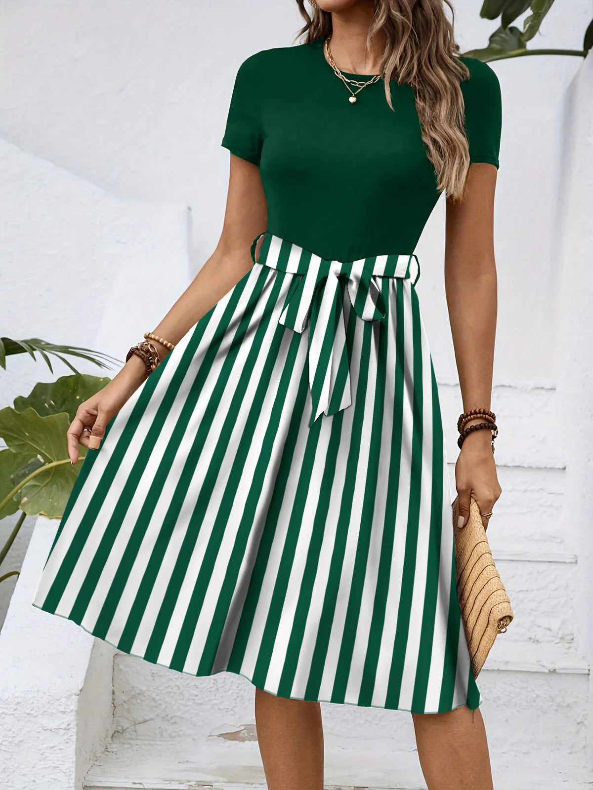 Striped Round Neck Short Sleeve Dress