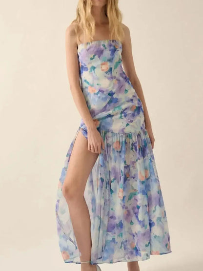 Strapless Floral Maxi Dress with Side Slit