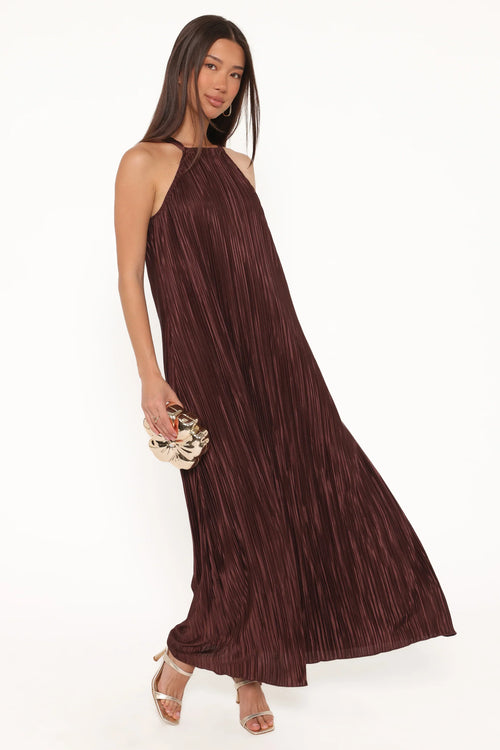 Melody Plisse Halter Maxi Dress - Brown