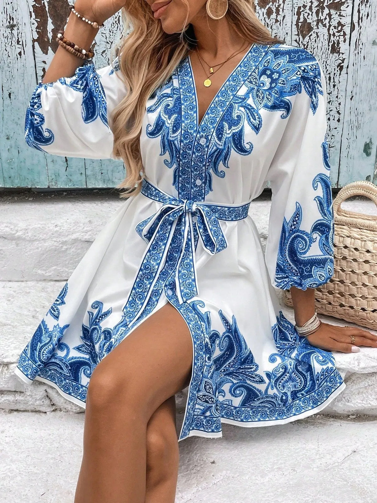 Printed V-Neck Balloon Sleeve Mini Dress