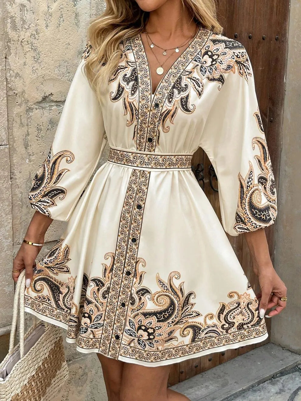 Paisley V-Neck 3/4 Sleeve Mini Dress