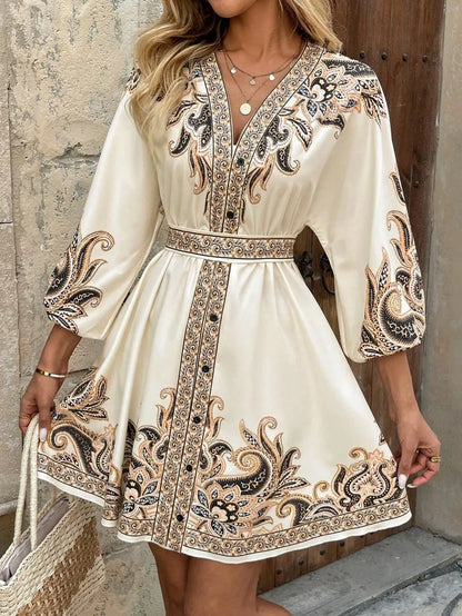Paisley V-Neck 3/4 Sleeve Mini Dress