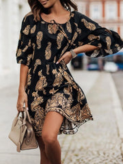 Paisley Print Tie Neck Half Sleeve Mini Dress