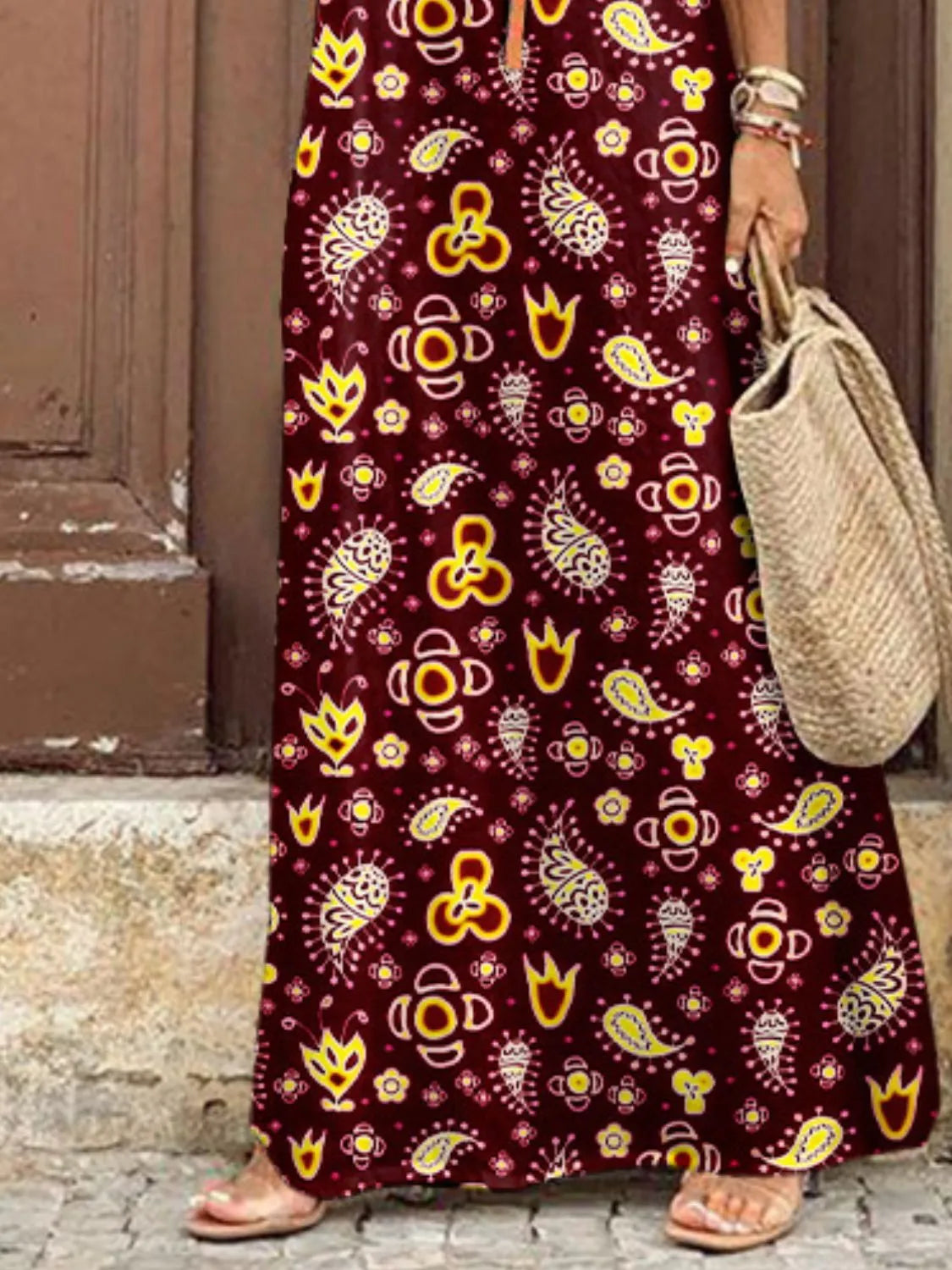 Full Size Printed V-Neck Short Sleeve Maxi Dress Plus Size