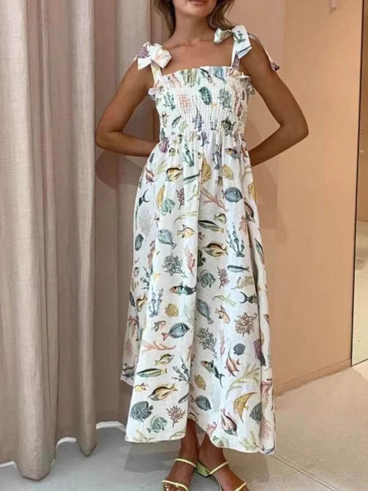Floral Tie Shoulder Smocked Bodice Summer Dress