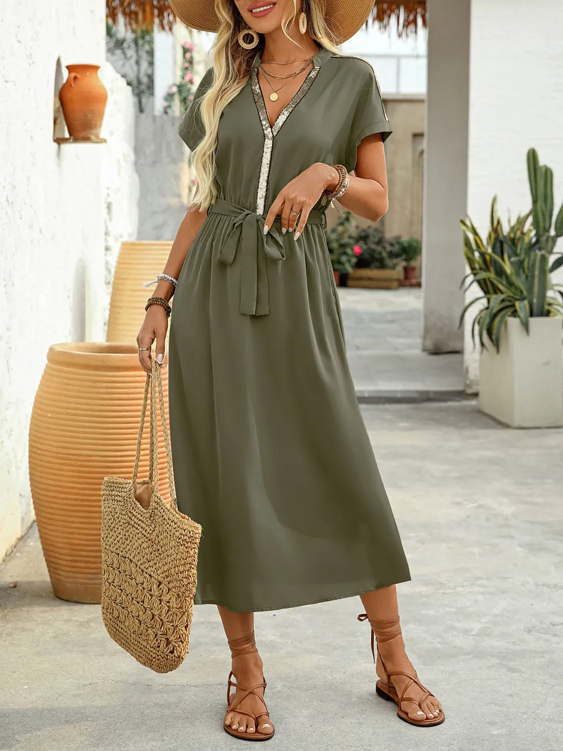 Sequin Notched Short Sleeve Midi Dress