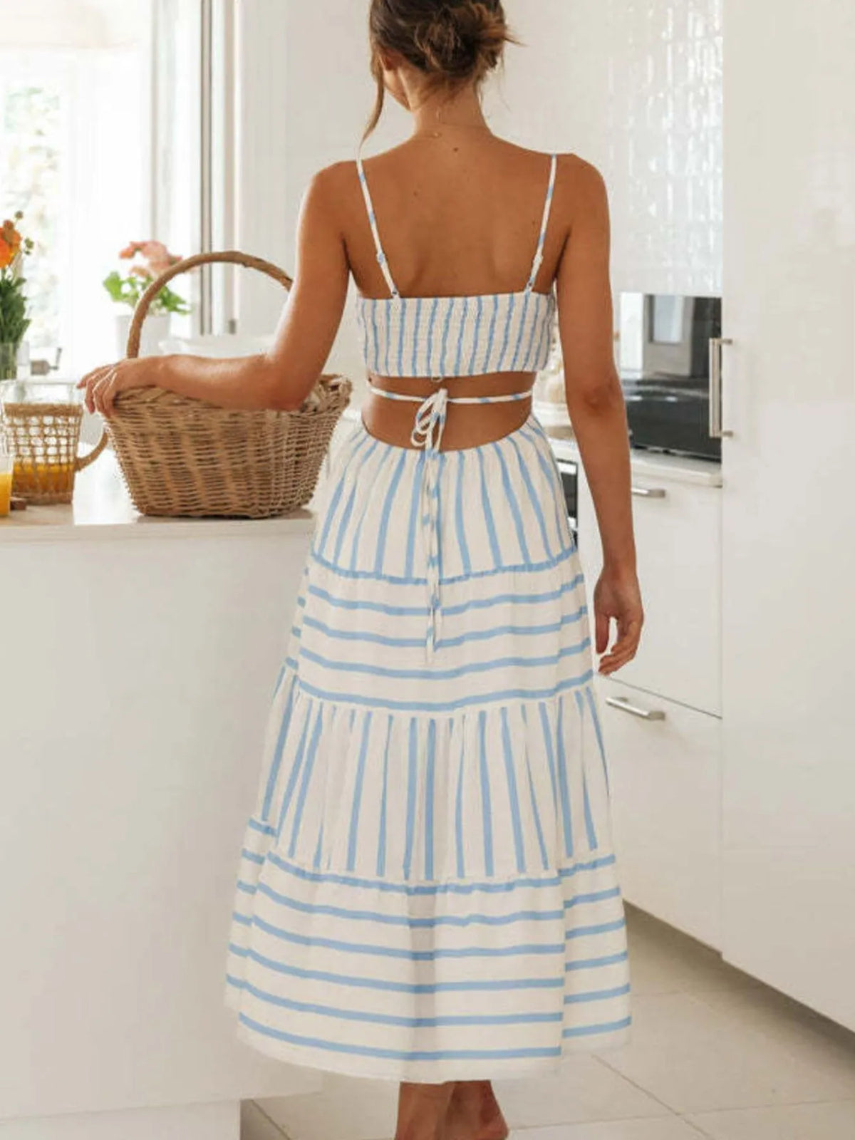 Cutout Striped Tiered Summer Midi Dress