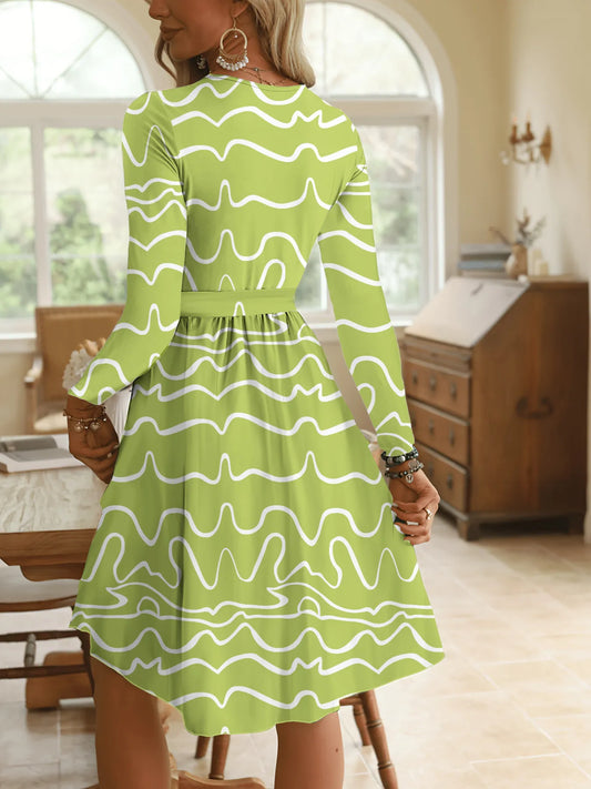 Wave Print Long Sleeve Tie Waist Dress