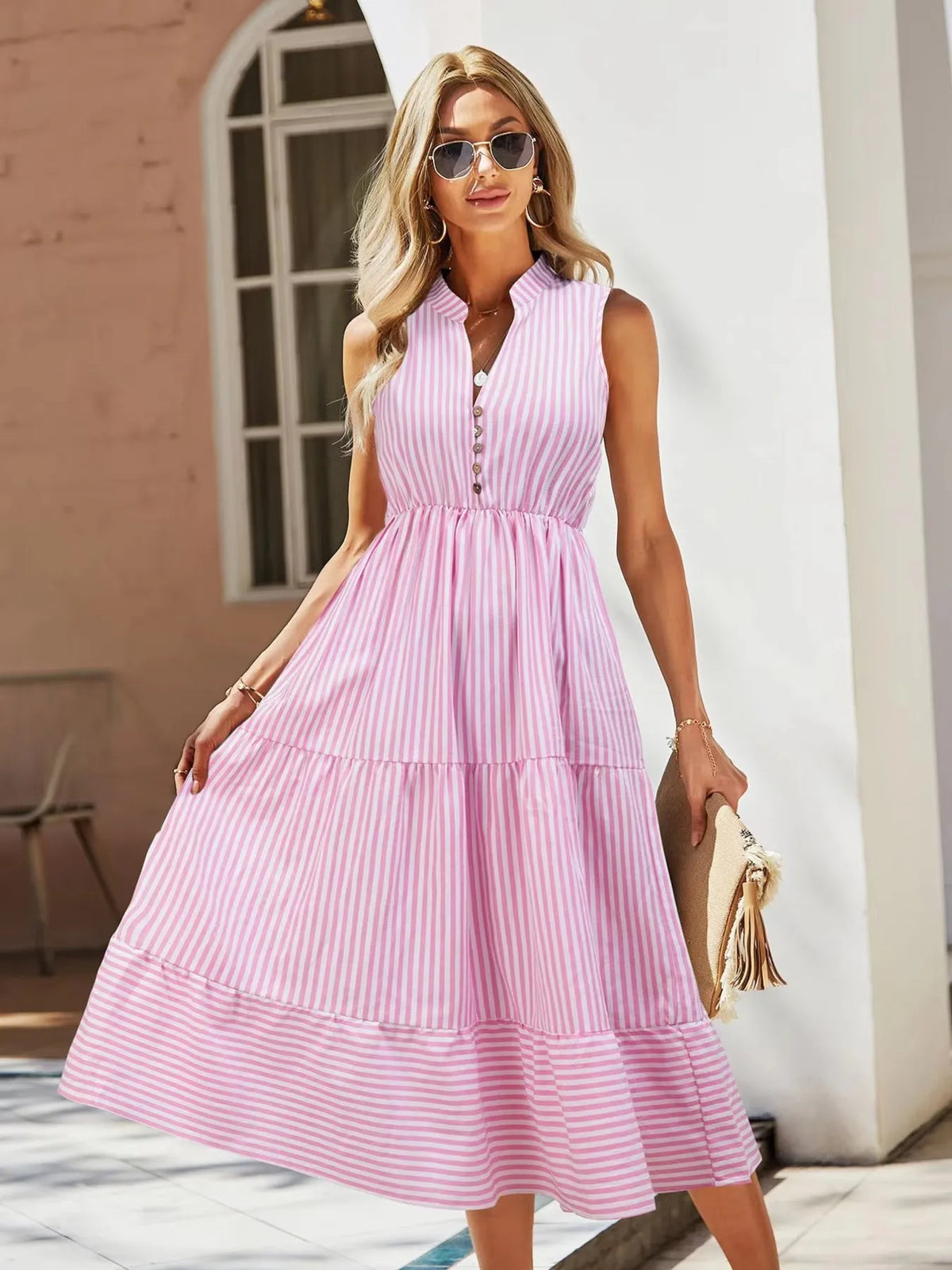 Striped Sleeveless Tiered Midi Dress