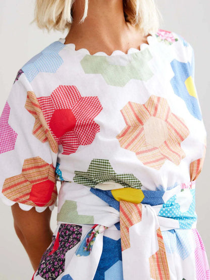 Floral Print Midi Dress with Scalloped Edges