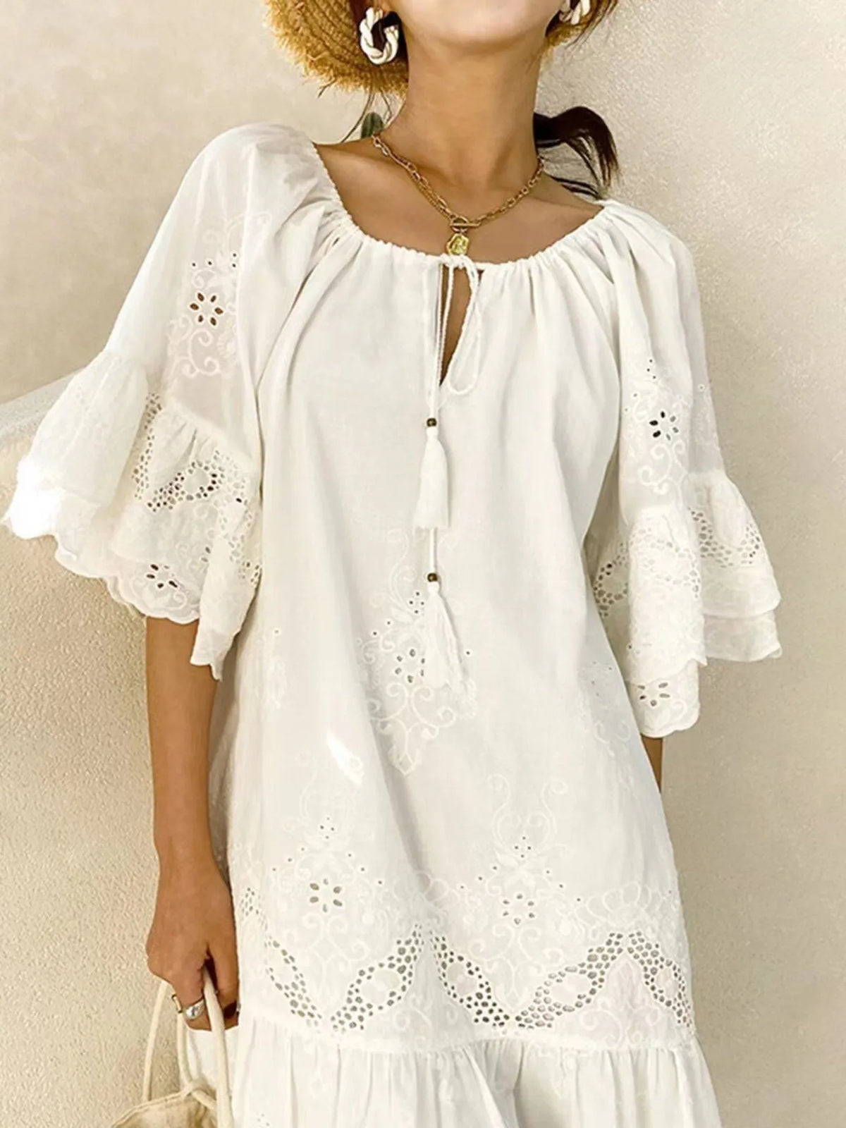 Eyelet Embroidered Tassel Tie Neck Dress