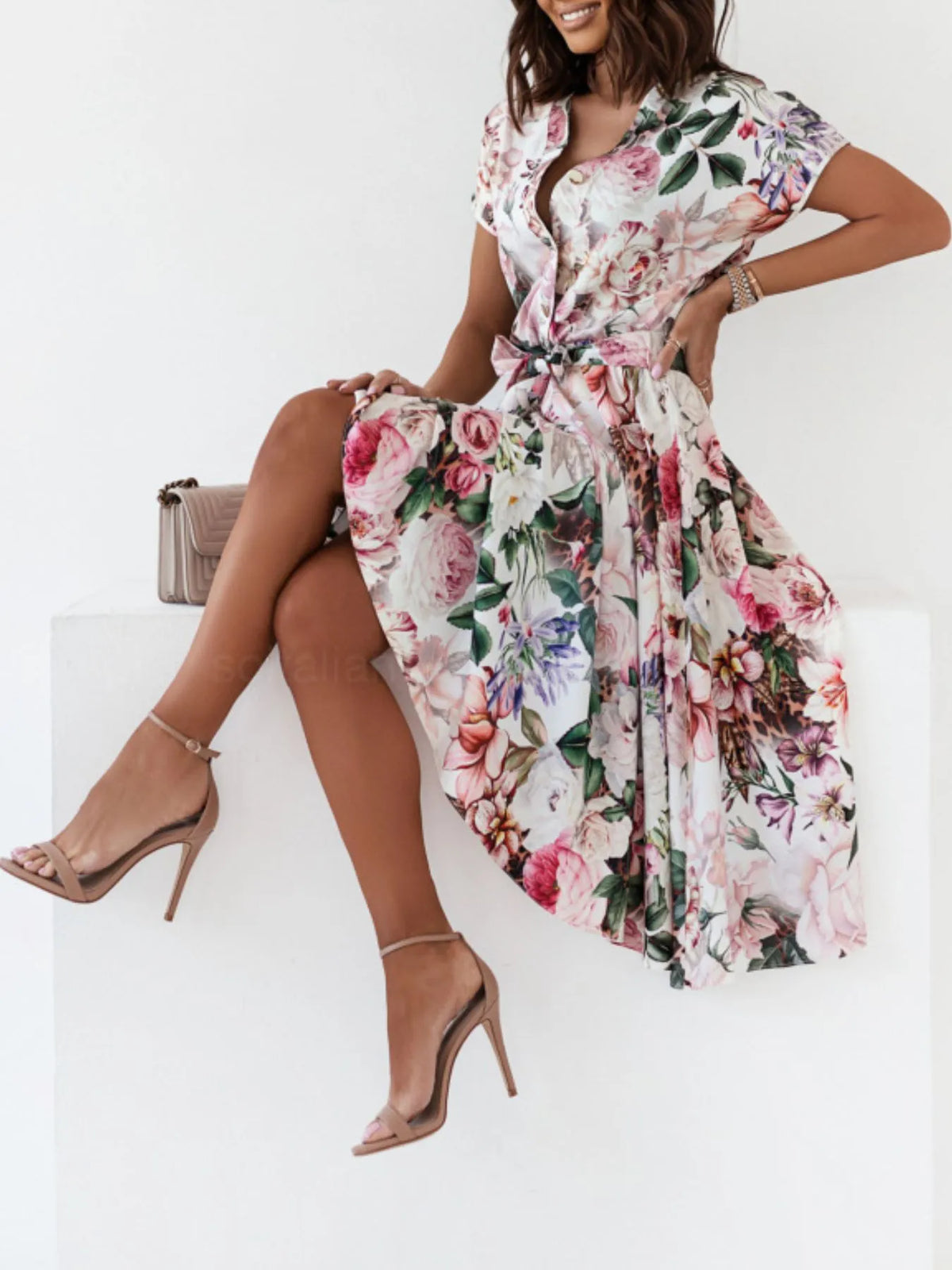 Floral Short Sleeve Midi Dress