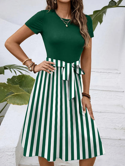 Striped Round Neck Short Sleeve Dress