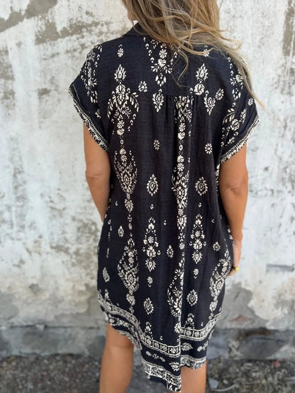 Full Size Printed Short Sleeve Button-Up Shirt Dress Plus Size
