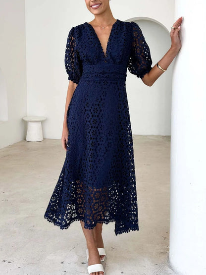 Eyelet Lace V-Neck Midi Dress with Puff Sleeves