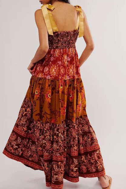 Floral Tiered Maxi Dress with Mixed Print Design
