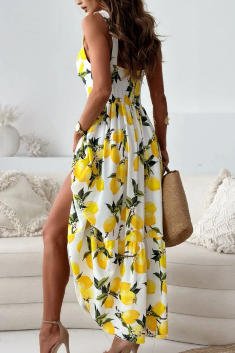 Lemon Print Sweetheart Neck Maxi Dress