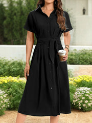 Button Down Belted Midi Shirt Dress