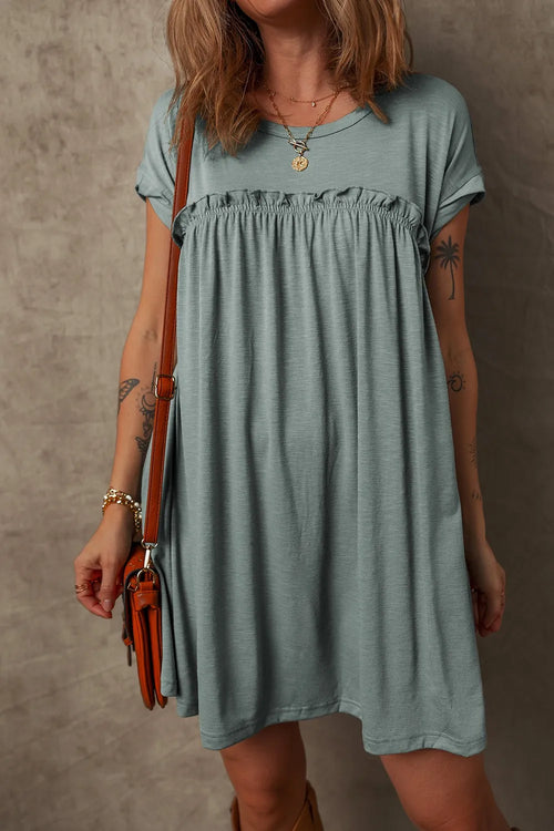 Frilled Gathered Seam Round Neck T Shirt Dress