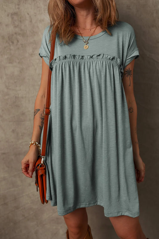 Frilled Gathered Seam Round Neck T Shirt Dress