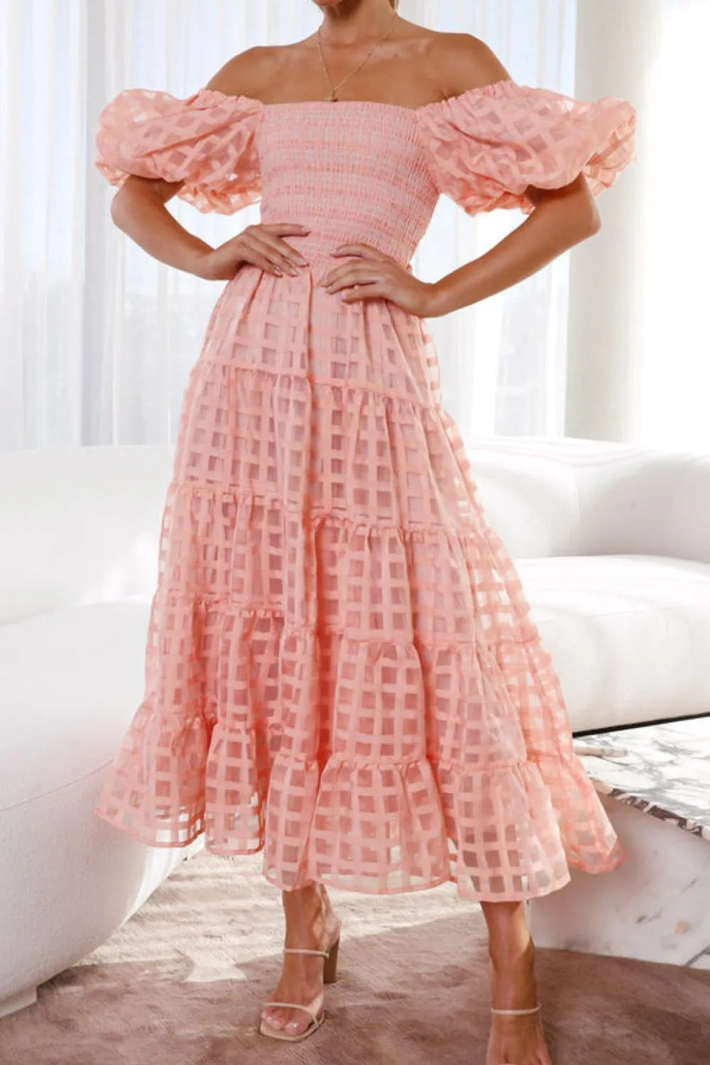 Off Shoulder Short Puff Sleeve Midi Dress