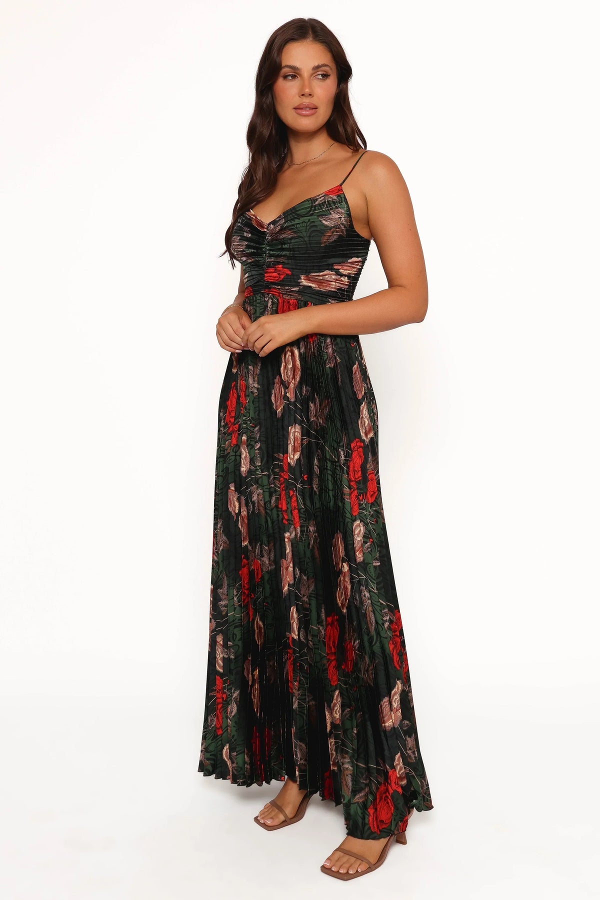 Naira Pleated Maxi Dress - Green Floral