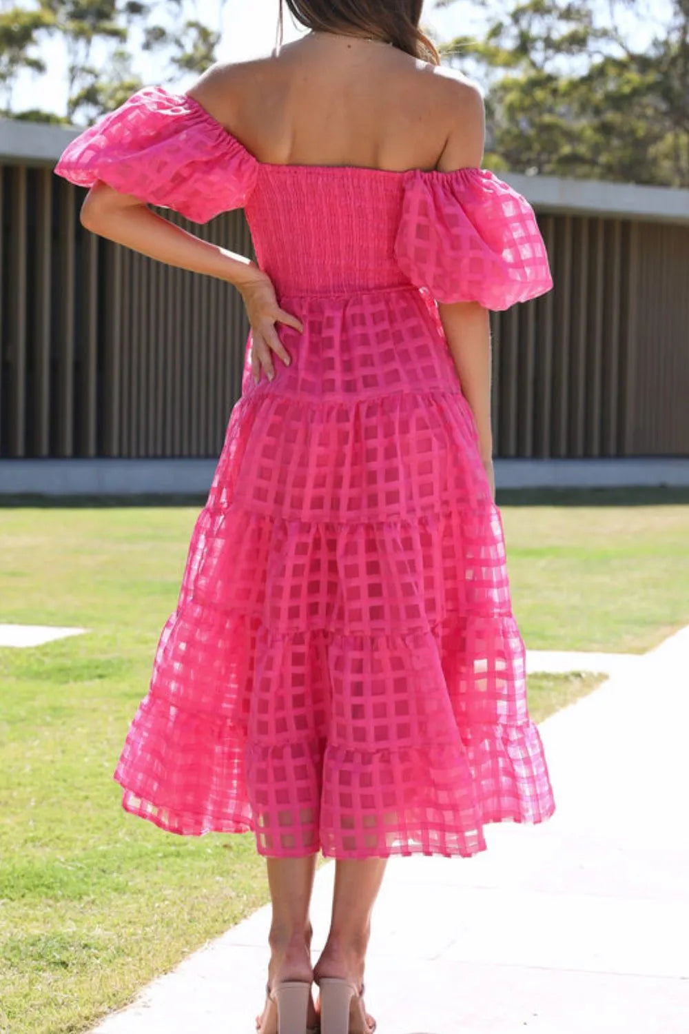 Off Shoulder Short Puff Sleeve Midi Dress