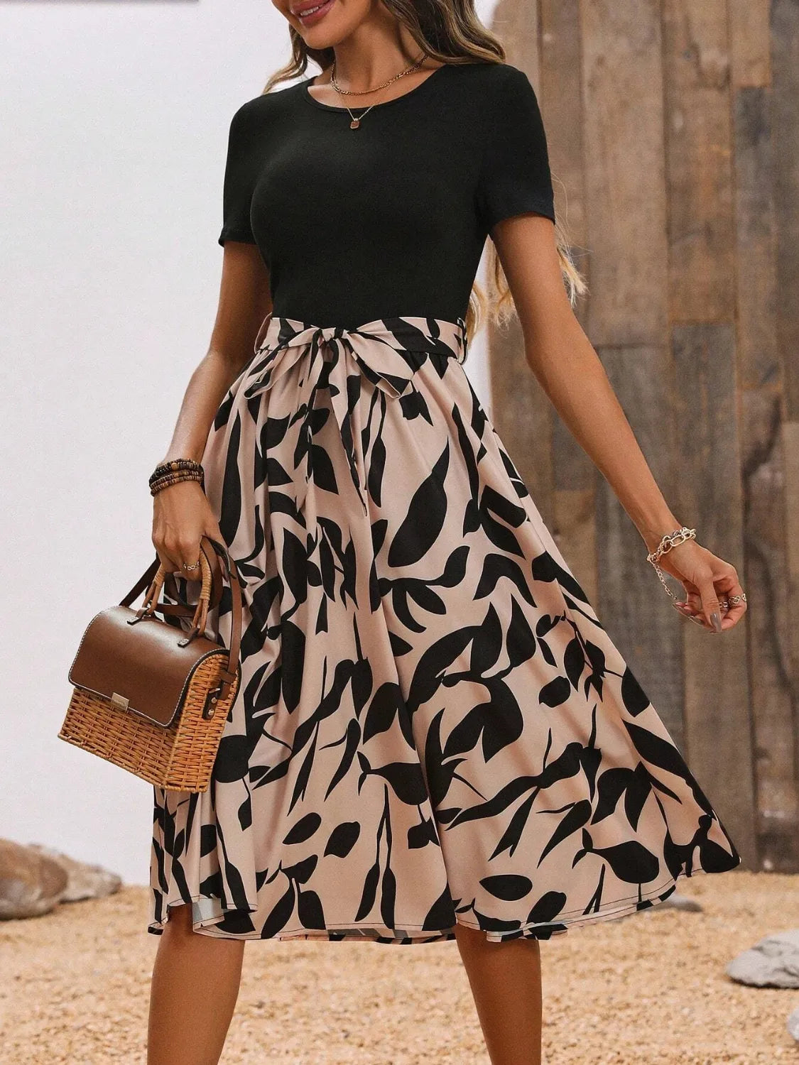 Printed Round Neck Short Sleeve Midi Dress