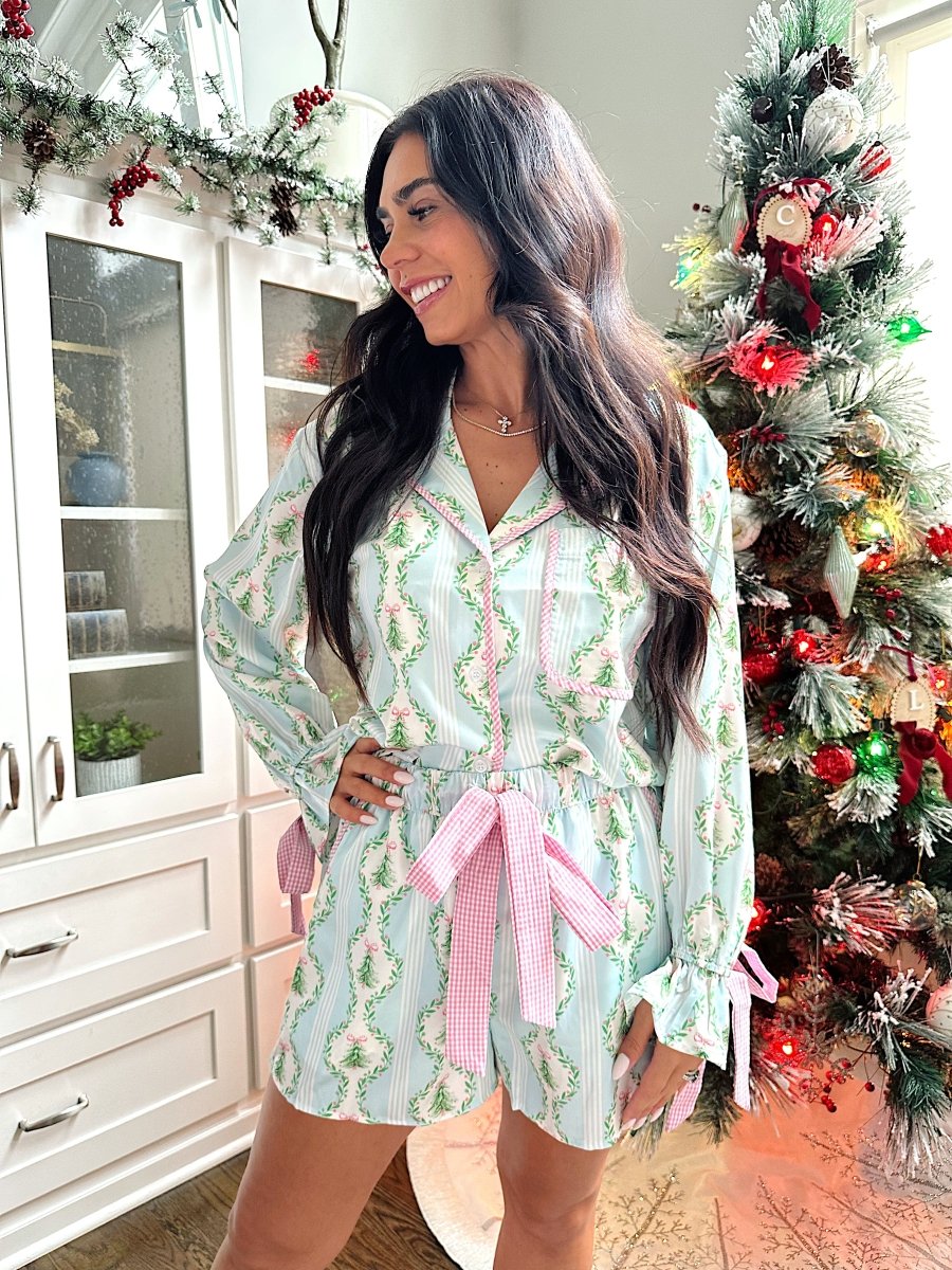 Frosted Evergreen Blue Satin Pajama Set