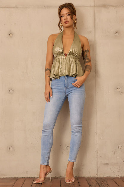 Gilded Whisper Foiled Chiffon Top - Olive