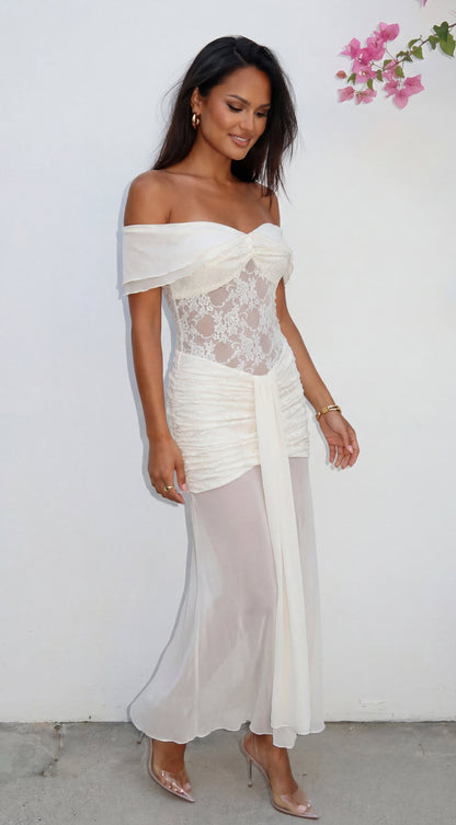 Elarisse Lace Mesh Maxi Dress - Cream White
