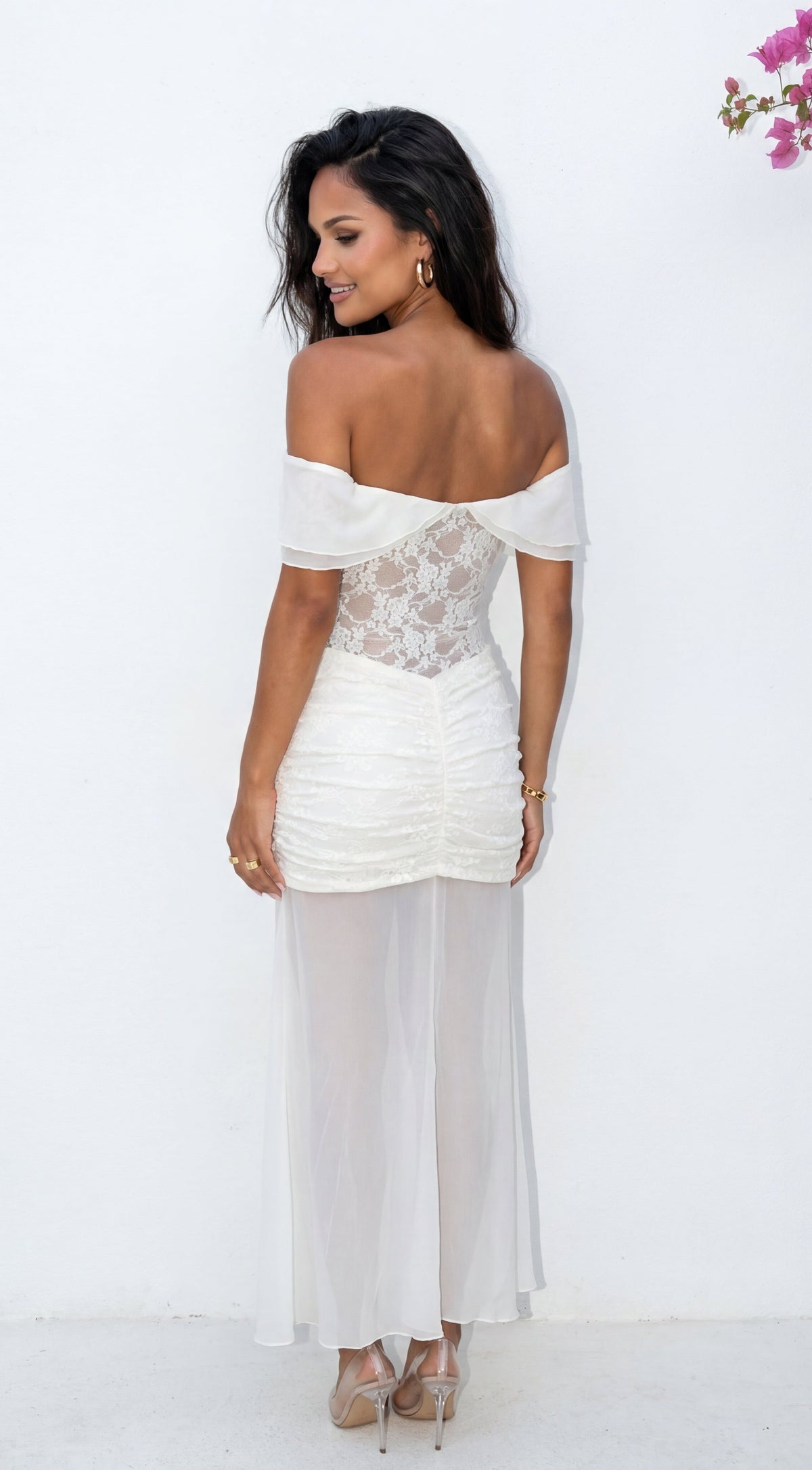 Elarisse Lace Mesh Maxi Dress - Cream White