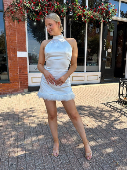Lene Ivory Satin Feather Trim Mini Dress