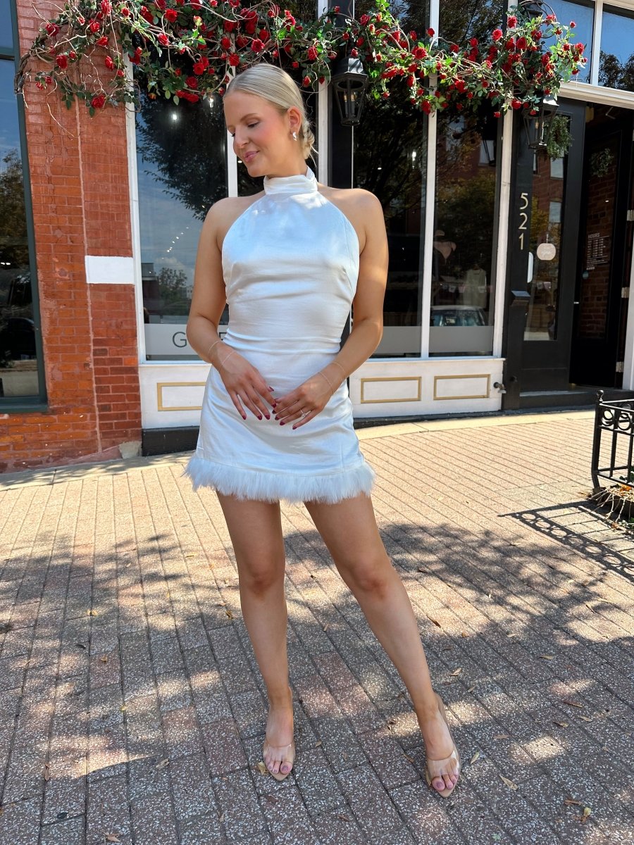 Lene Ivory Satin Feather Trim Mini Dress
