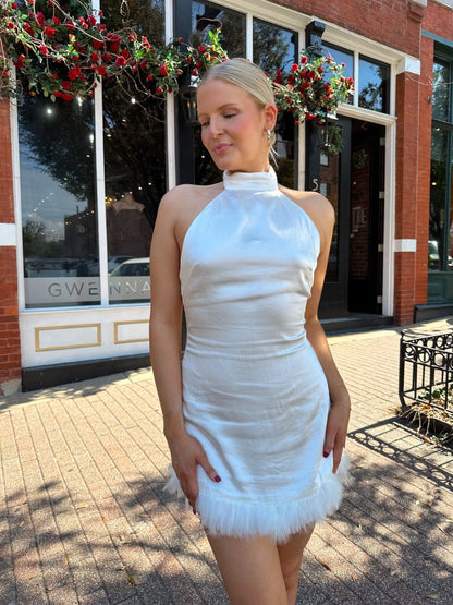 Lene Ivory Satin Feather Trim Mini Dress