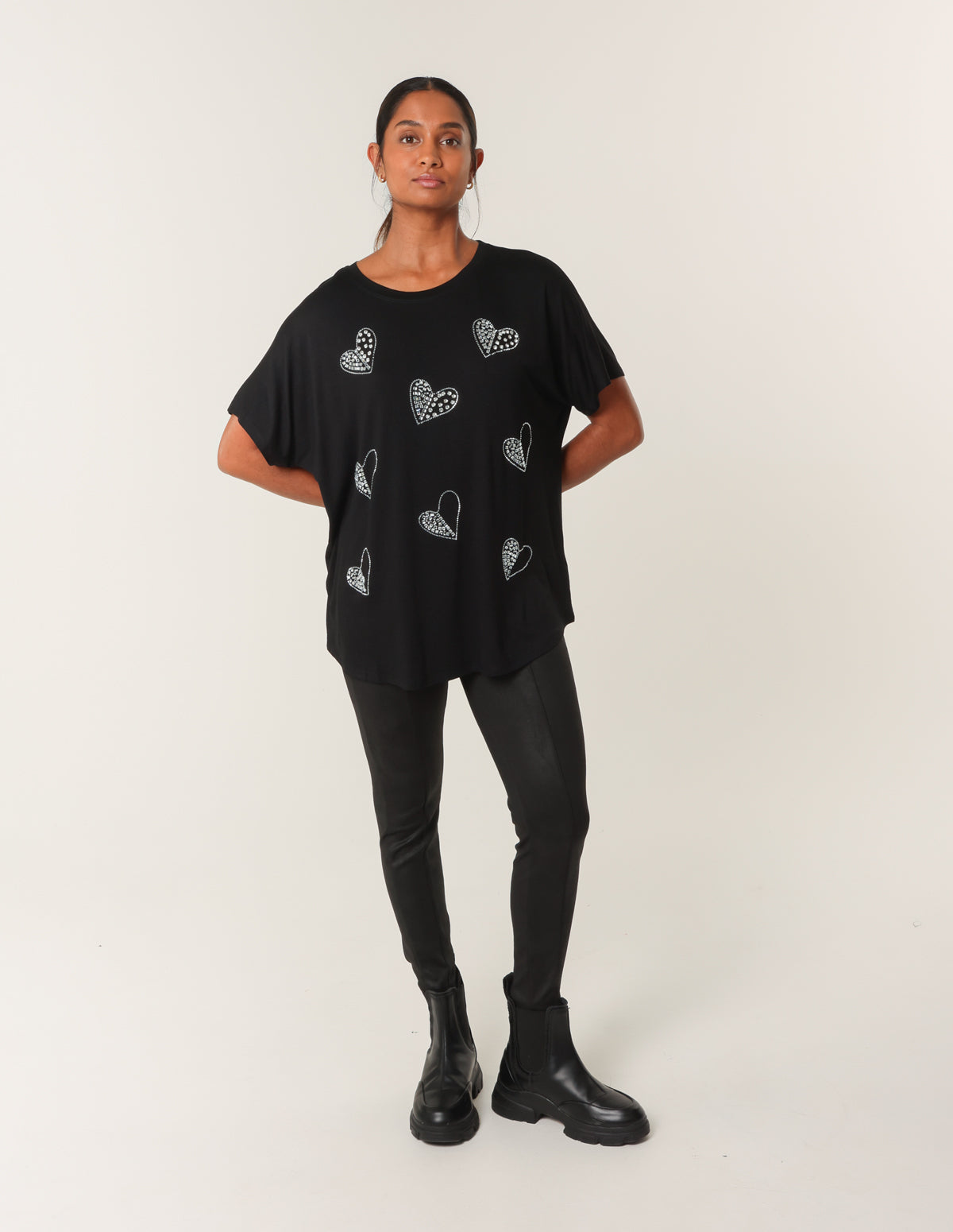 Round Neck Diamante Heart Detailing T-Shirt