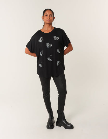 Round Neck Diamante Heart Detailing T-Shirt