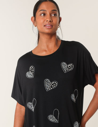 Round Neck Diamante Heart Detailing T-Shirt
