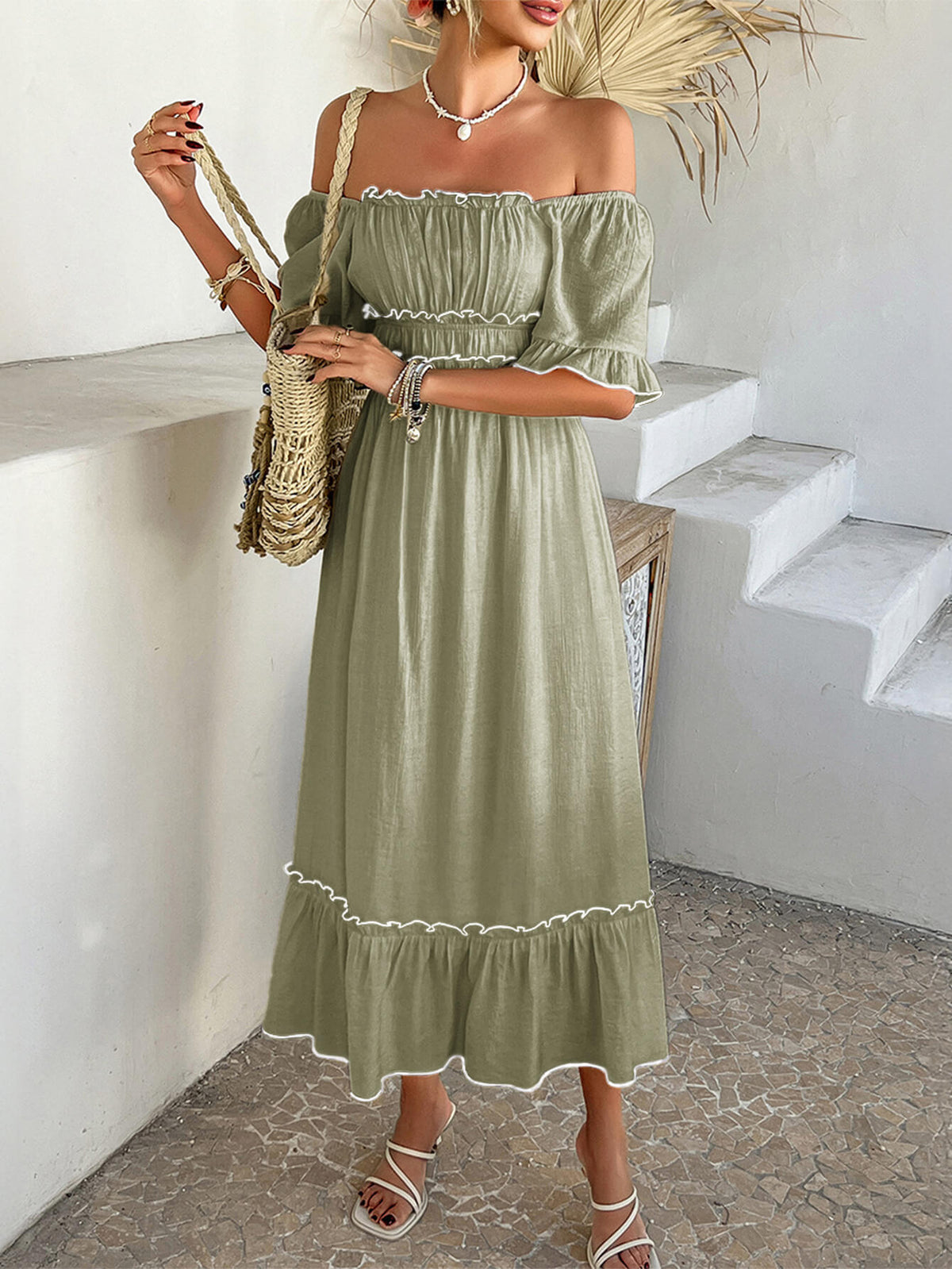 Aubrianna Ruched Contrast Trim Maxi Dress - sage