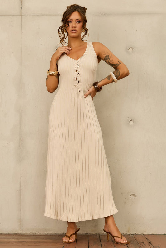 Serene Line Knit Midi Dress - Beige