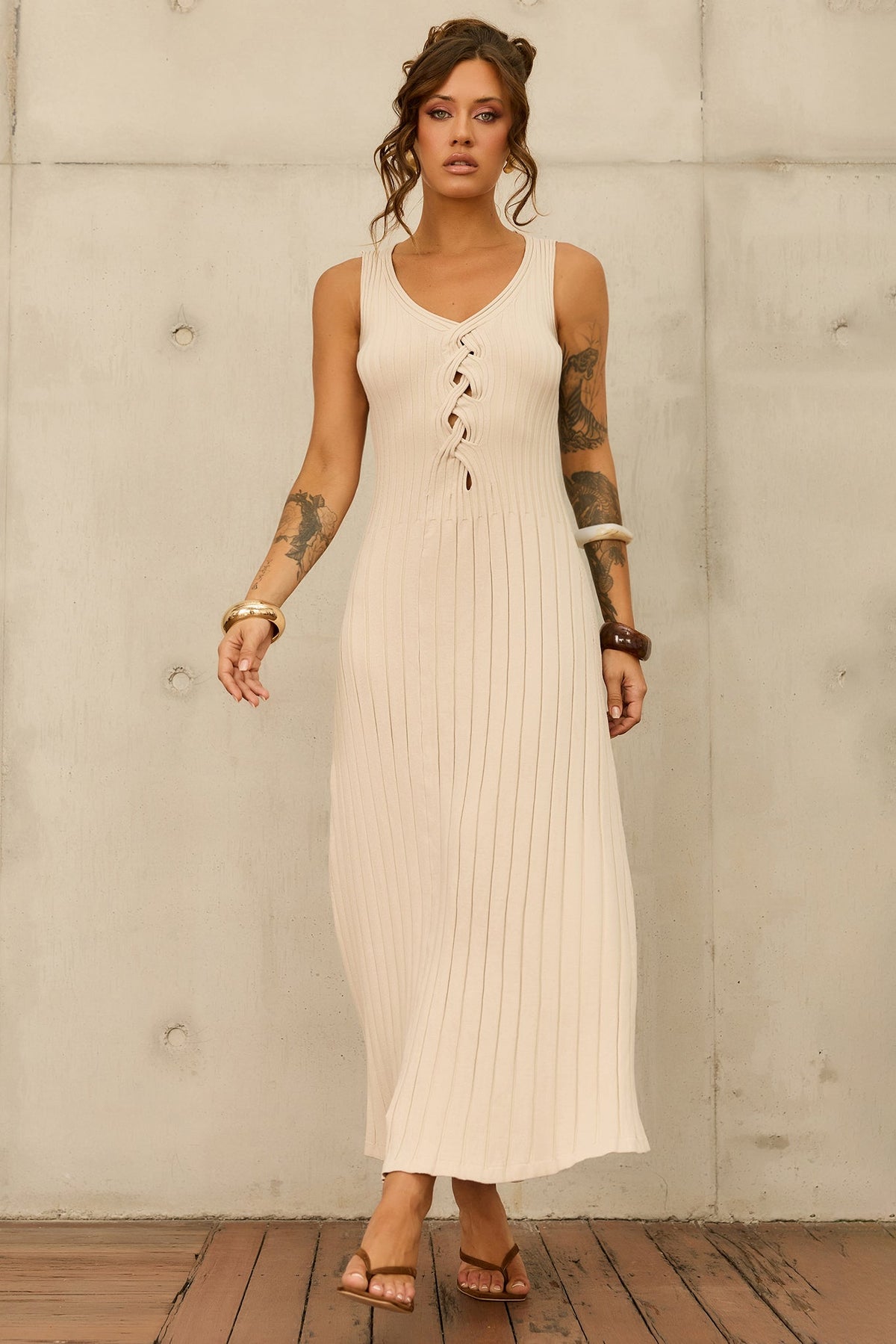Serene Line Knit Midi Dress - Beige
