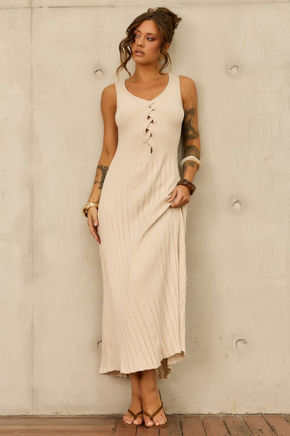 Serene Line Knit Midi Dress - Beige