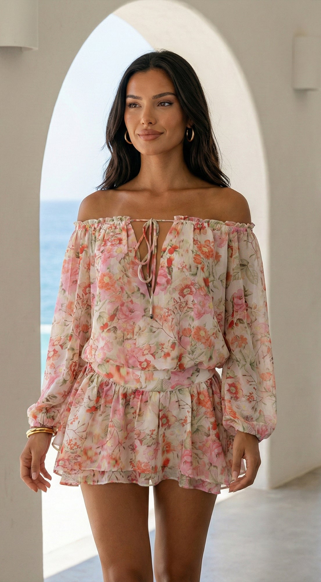 Cyrene Floral Off-Shoulder Mini Dress - Floral Pink